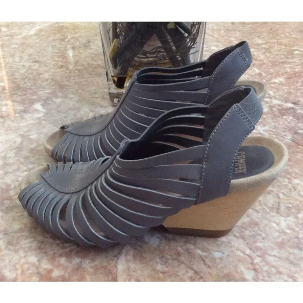 Camper Rachael Gray Strappy Leather Wooden Wedge Sandals Size 38/US 8 EUC! $195